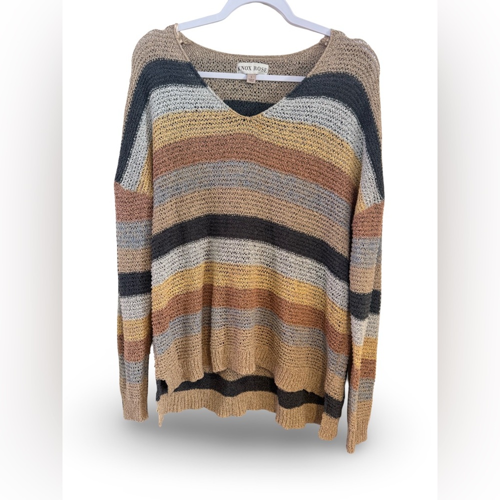 Knox Rose Women's V-Neck Striped Sweater - Earth Tones